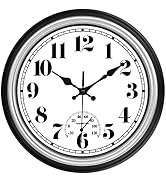 JENLYSTIME 12 Inch Indoor/Outdoor Retro Waterproof Wall Clock with Thermometer Silent Round Quart...