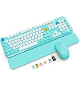 Wireless Keyboard and Mouse Combo with Magnetic Wrist Rest, Round Keycaps, Full-Size Retro Typewr...