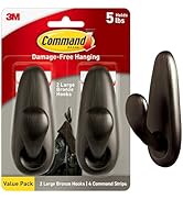 Command 5 lb Large Oil Rubbed Bronze Metal Hooks, 2 Coat Hooks and 4 Strips, Damage-Free Hanging ...