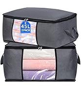 BiCINE 2 Pack Clothes Organizer Storage Bags with Zipper, 45L Foldable Blanket Storage Box with C...