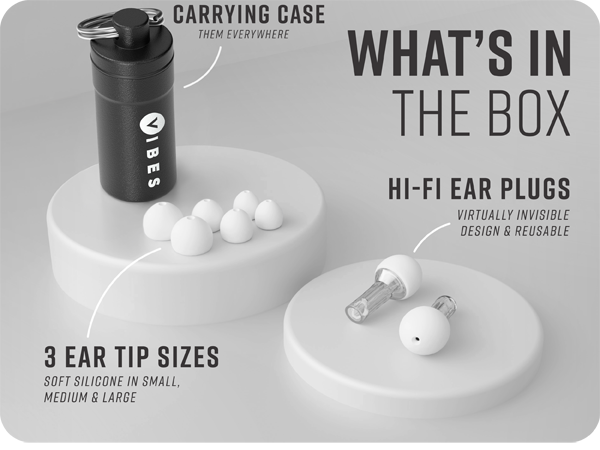 Aluminum carrying case, virtually invisible ear plugs, three ear tip sizes small medium large