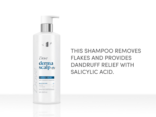 DermaScalp Dandruff Relief Shampoo next to text about removing flakes & salicylic acid.