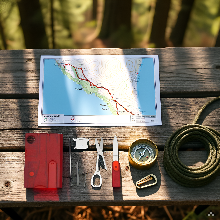 An open wallet on a rustic stone surface surrounded by trail mix, a compass, and dried leaves