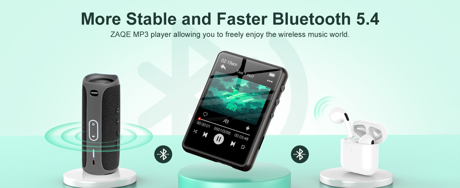 Three Bluetooth devices showcasing Bluetooth 5.4: a cylindrical speaker, a portable MP3 player with touchscreen, and wireless earbuds. Green background with wireless connectivity symbols.