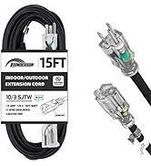 HONDERSON 15FT Lighted Outdoor Extension Cord - 10/3 SJTW Heavy Duty Black Extension Cable with 3...