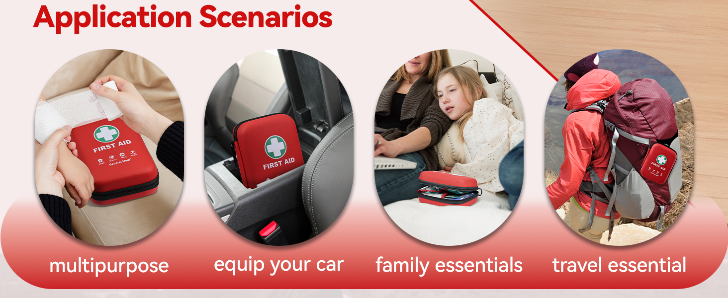 Text reads 'Application Scenarios: multipurpose, equip your car, family essentials, travel essential'. Four circular product usage photos showing red travel organizer in different settings.