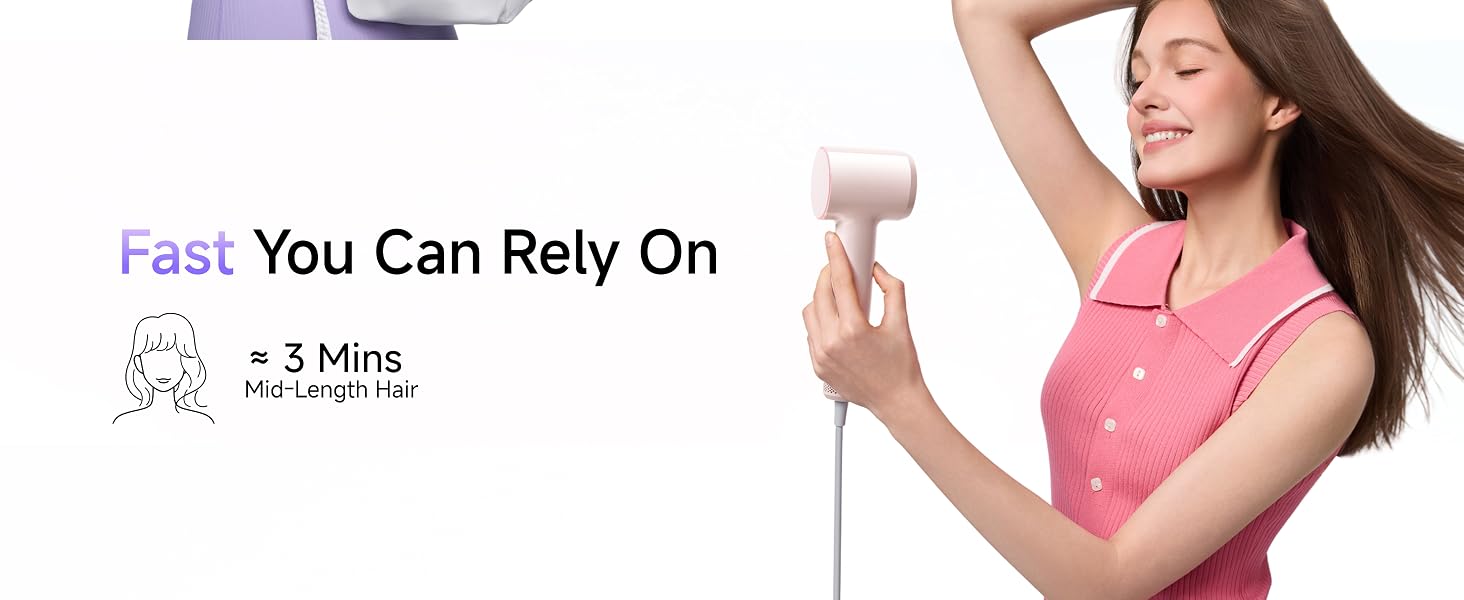 15 X faster drying vs. traditional hair dryers, drying mid-length hair in as little as 3 minutes.