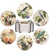 6Pcs Floral Coasters with Holder, Elegant Flowers Birds Ceramic Round Absorbent Coaster Set of 6 ...