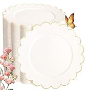LIYH 100 Pcs Ivory Plastic Plates with Gold - Dessert Plate 7.5