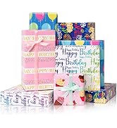 Larcenciel Birthday Wrapping Paper Set - 5 Sheets and 5 Silk Ribbons, Colorful Cupcake Balloon Gi...