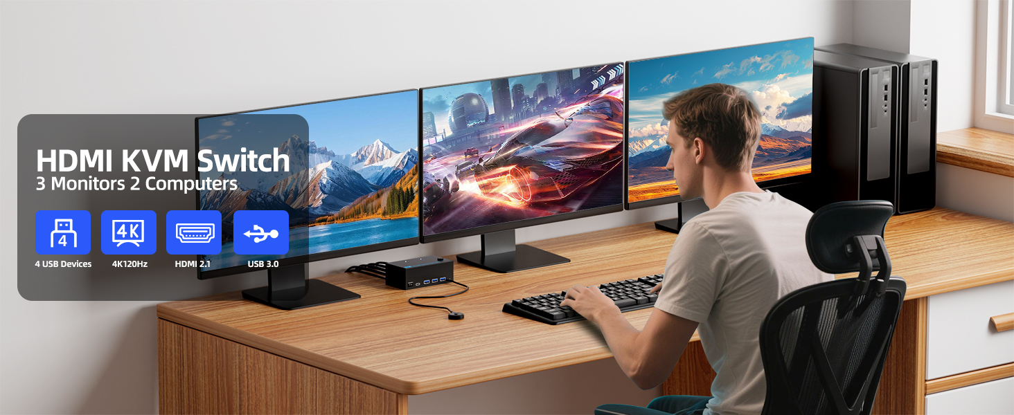8K HDMI KVM Switch 3 Monitors 2 Computers 8K@60Hz 4K@120Hz