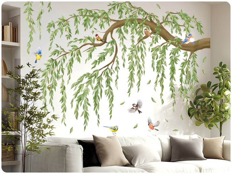 Repeated image of the interior design with willow branch wall decals and white sofa, identical to Image 1.
