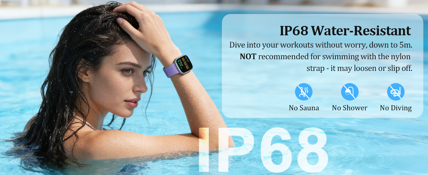 Text reads 'IP68'. Product advertisement showing water-resistant device features with waterproof rating display.