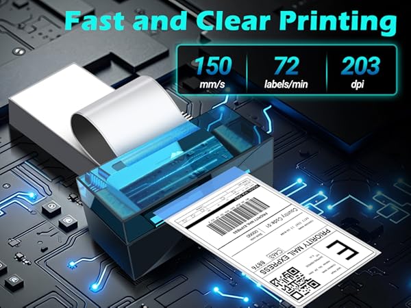 Text reads 'Fast and Clear Printing'. High-tech printing system display with blue illuminated components and digital interface showing numbers '150', '72', '203'.