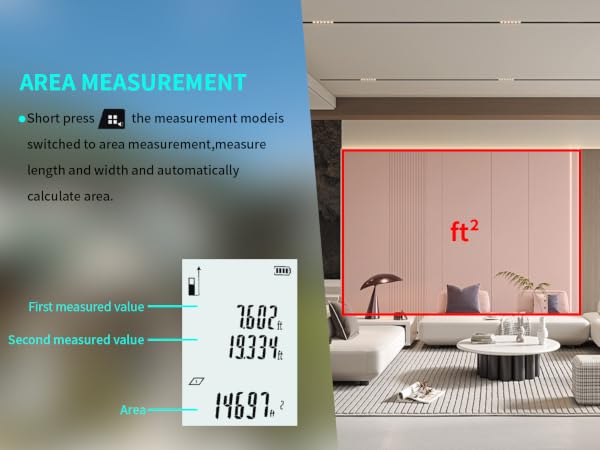 Area mode, length/width input, auto-calculate area in square feet with real-time data display.