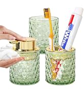 Fvstar Green Bathroom Accessories Set of 3, Glass Toothbrush Holder, Gold Foaming Soap Dispenser,...