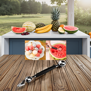 A vibrant and colorful arrangement of various melons and fruits on a rustic wooden table, showcasing