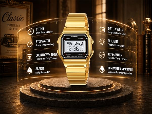 Elegant rectangular digital watch, dual time, calendar week, low light screen and splash resistance