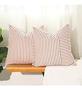 Hckot Christmas Pillow Covers 18x18, Red Throw Pillow Covers Set of 2, Striped Linen Decorative P...