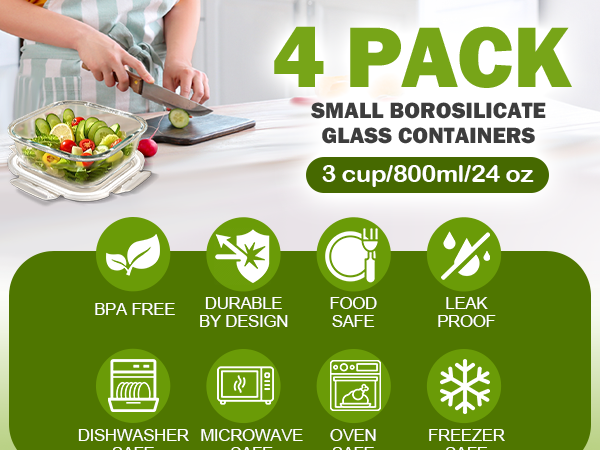 3 Cup Glass Storage Containers with Lids 24 oz, Small Square Borosilicate Glass Food