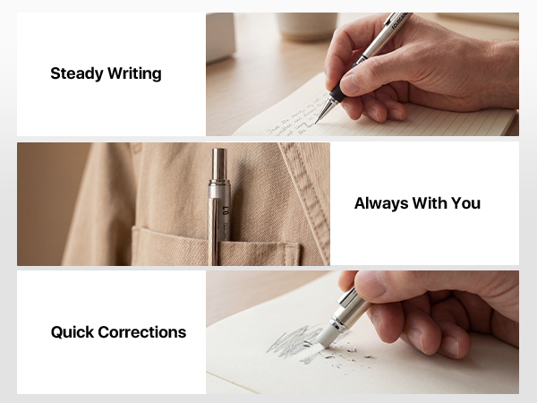 Consistent lead advancement, metal clip, built-in eraser