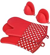 AICMEI Extra Long Oven Mitts and Pot Holders Sets: Heat Resistant Silicone Oven Mittens with Mini...