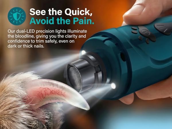 Close-up of YABIFE dog nail grinder lights showing better quick visibility for safer nail trimming