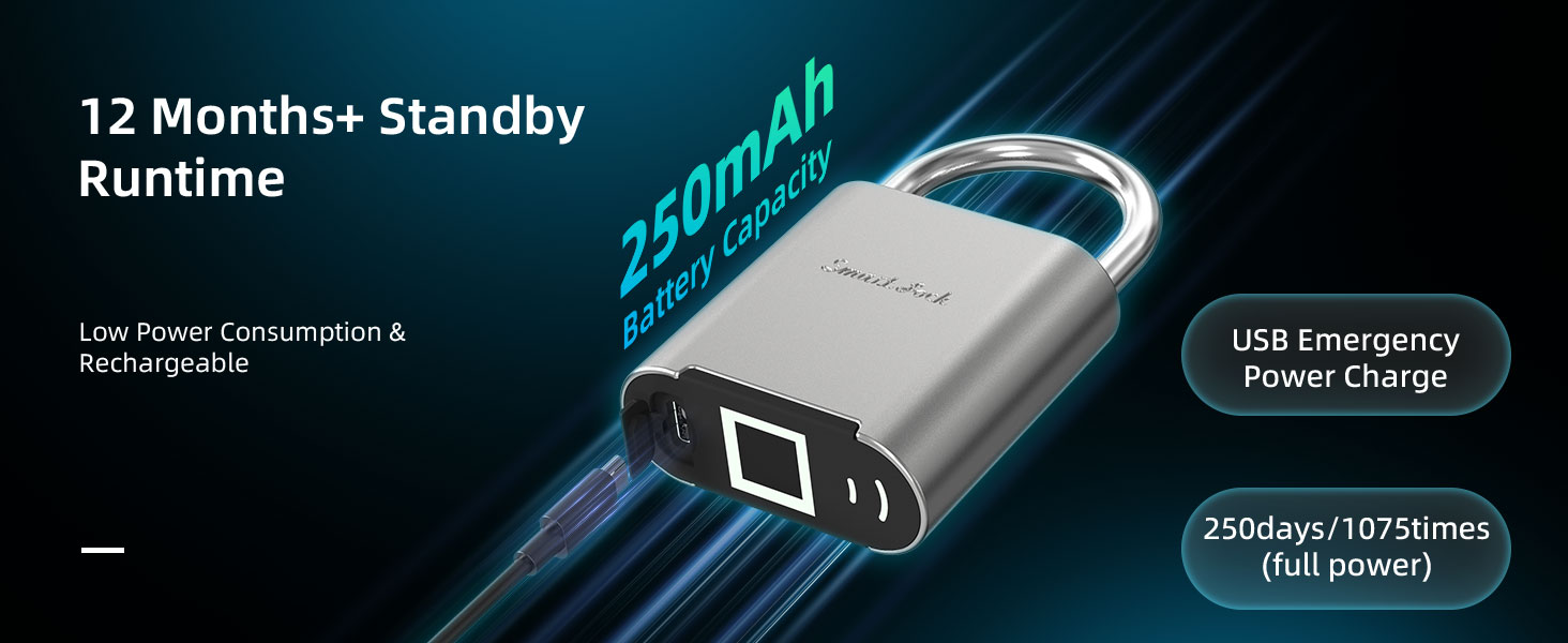 Smart fingerprint padlock with 250mAh battery