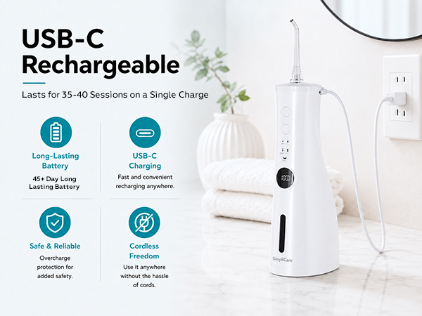 SimpliCare F5039 cordless water flosser with 8 tips for daily oral care