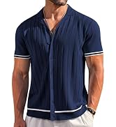 COOFANDY Men's Short Sleeve Knit Shirt Casual Button Down Shirt Vintage Striped Knitted Golf Beac...