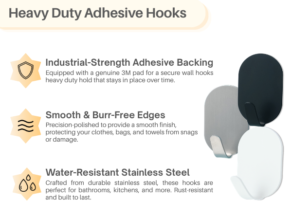 Heavy-duty 3M adhesive, smooth burr-free edges, water-resistant stainless steel hooks.