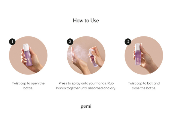 how to use - twist cap to open, press to spray, rub hands together, twist cap to lock and close