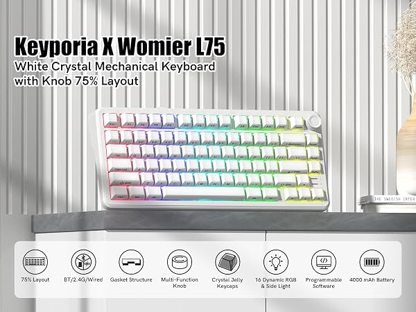 a 75% layout white crystal mechanical keyboard