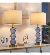 Oneach 25" Blue Table Lamps for Living Room, Glass Modern Table Lamp Set of 2, USB Charging Ports...