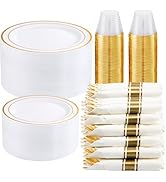 WELLIFE 350-Piece Gold Disposable Plates and Cutlery Set - Premium 10.25" Dinner Plates, 7.5" Des...