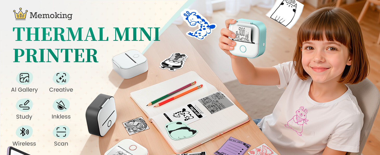 Memoking Mini Sticker Printer T02 Thermal Printer Portable Bluetooth Photo Printer