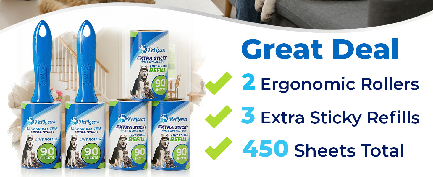 PetLovers lint roller set with 2 handles and 3 refills, 450 sheets total.