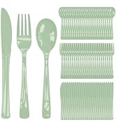 FALIZIFU 150 Pcs Sage Green Plastic Cutlery Set Disposable Green Heavy Duty Plastic Knives Forks ...