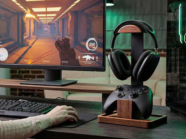 Solid Walnut Wood Headphone Stand with Controller Holder|2-in-1 Gaming Desk Organizer|for PS5