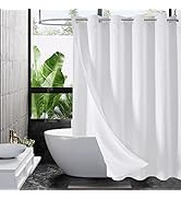 MitoVilla No Hooks Needed White Waffle Shower Curtain Set with Snap-in Liner, Modern Waffle Weave...