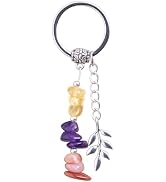 Elurent Natural Crystal Keychain for Women, Healing Gemstone Key Ring with Sun Clover Key Olive L...