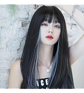 AIKO PRO Black Wig with Bangs, 23 Inches Long Straight Synthetic Hair Wigs for Women with Blue Hi...