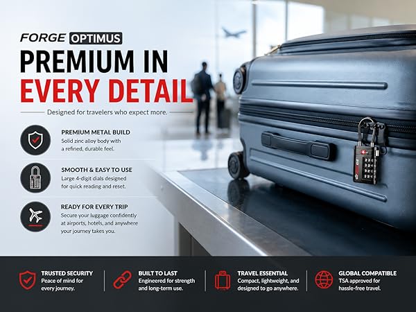 FORGE Optimus TSA luggage lock secured on suitcase at airport security checkpoint
