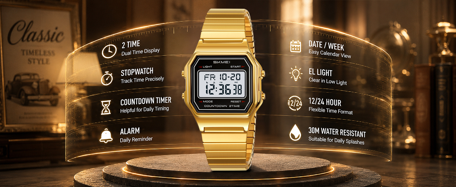 Classic gold LCD watch with backlight, 12/24 hour mode, alarm and timer features