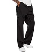 PEGENO Mens Cargo Pants Elastic Waist Drawstring Twill Hiking Pants with Multiple Pockets