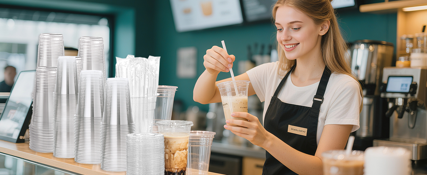 plastic cups with lids and straws
