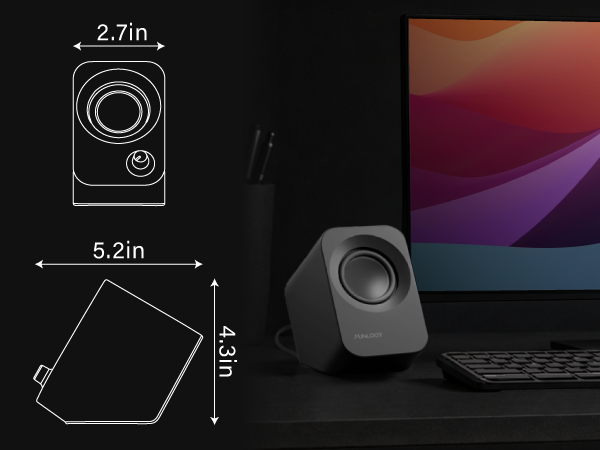 FUNLOGY Speaker Plus size diagram showing 2.7 in width, 5.2 in depth, and 4.3 in height.