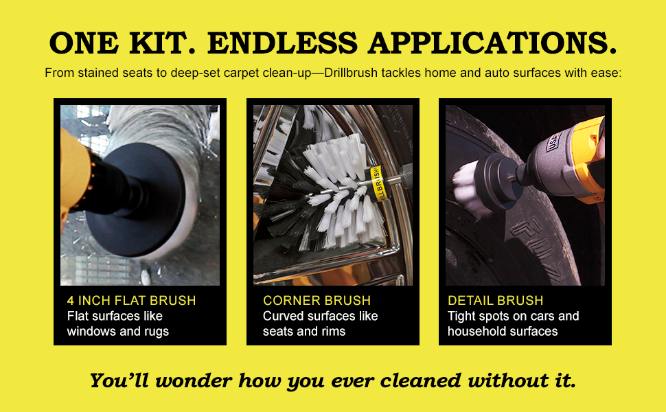 Clean windows, rugs, seats, and rims with Drillbrush