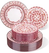 Hioasis 60pcs Red Plastic Plates Set - Floral Red & White Porcelain Design, 10.25" Dinner & 7.5" ...