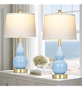 25" Modern Ceramic Table Lamps Set of 2, Blue Double Gourd Ceramic Lamps for Living Room, Coastal...